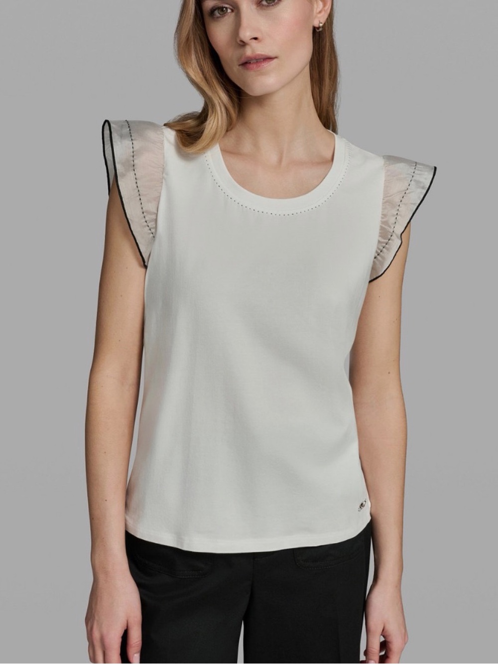 Karl Lagerfeld White Tank Top with Sheer Flutter Ruffle Sleeves and Black Trim